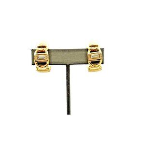 Vintage SWAROVSKI Swan Baguette Crystal Half Hoop Gold Tone Pierced Earrings